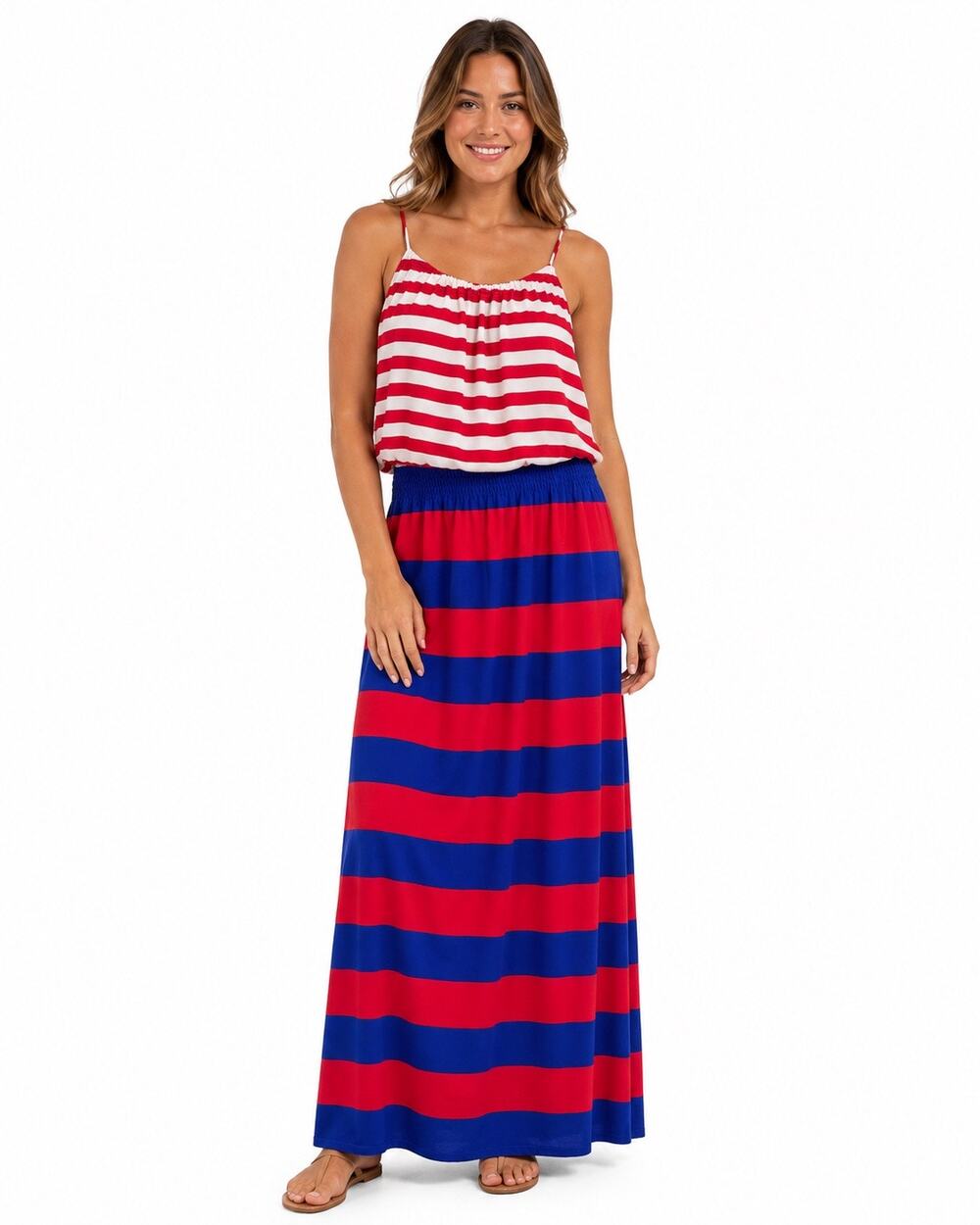 J. Valdi Large Red White Blue Striped Blouson Maxi Dress